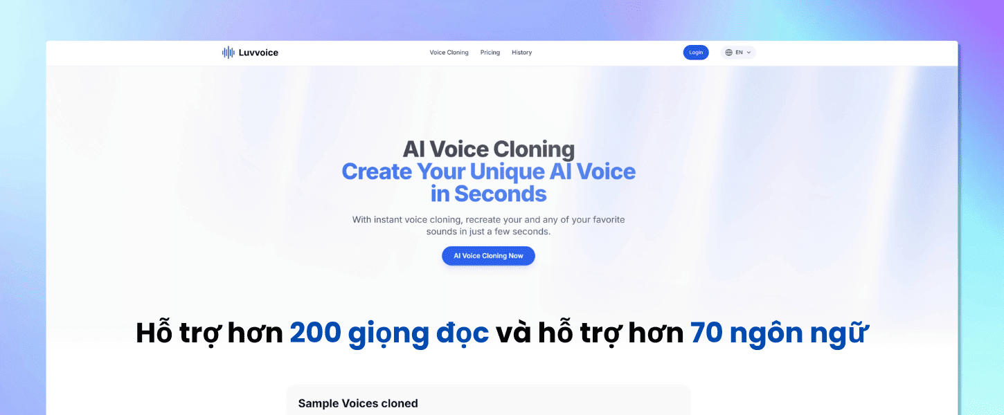 Luvvoice là một công cụ TTS online, với hơn 200 giọng đọc và hỗ trợ hơn 70 ngôn ngữ