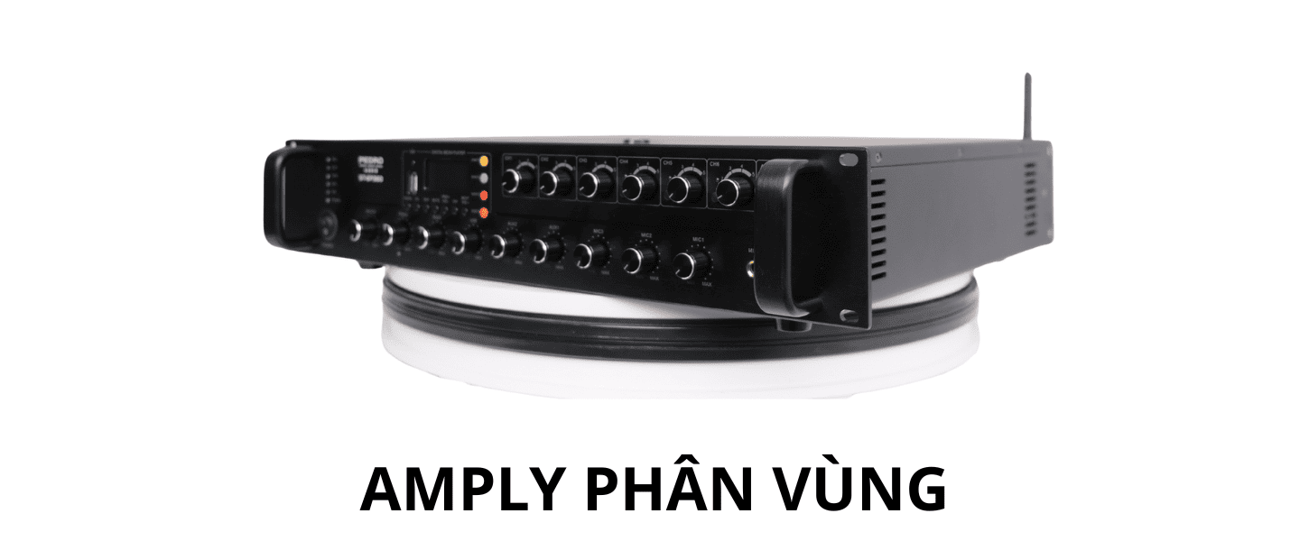 Amply phân vùng nhận tín hiệu từ bộ báo động, micro sau đó khuếch đại rồi chia tín hiệu đến từng nhóm loa tương ứng